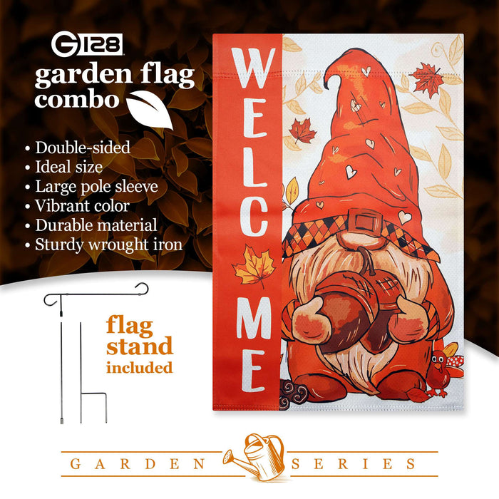 G128 36x16IN Garden Flag Stand & 12x18 Welcome Fall Gnome Flag Kit