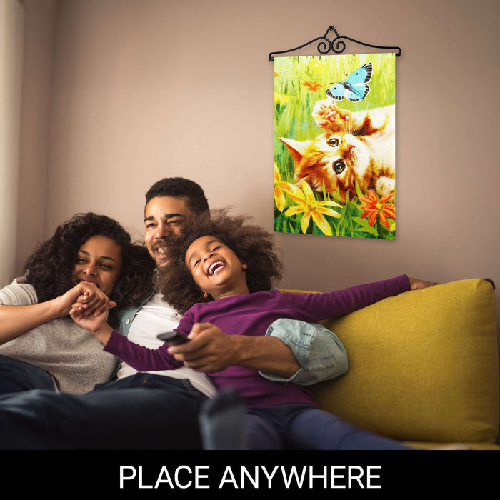 G128 Combo Pack Garden Flag Hanger 14IN & Garden Flag Kitten Butterfly Flowers Printed 12x18IN Double Sided