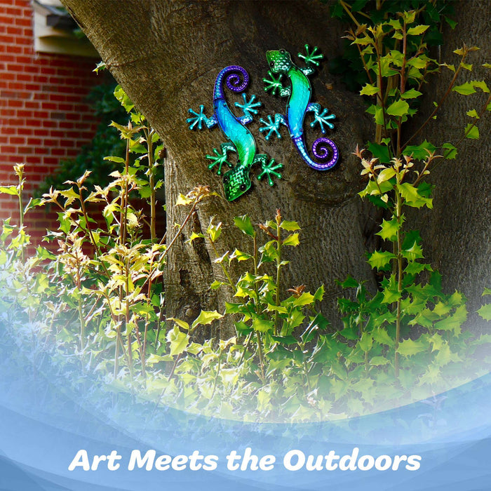 G128 Lizard Gecko Metal Wall Art Set | Green Blue Gecko Lizard Metal Indoor Outdoor Wall Art Hanging Decor for Bedroom, Living Room, Garden, Patio