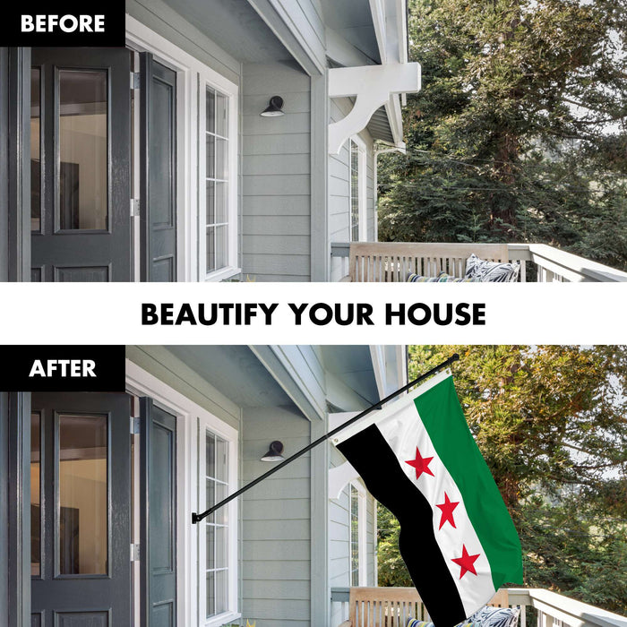 G128 Combo Pack: 6 Ft Tangle Free Aluminum Spinning Flagpole (Black) & Republic of Syria Flag 3x5 Ft, LiteWeave Pro Series Printed 150D Polyester | Pole with Flag Included