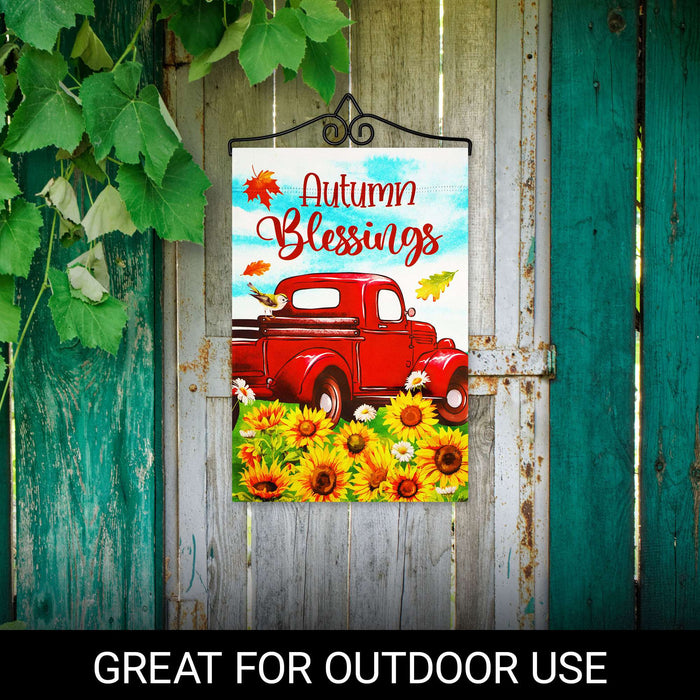 G128 12x18IN Autumn Blessings Red Truck Sunflower Garden Flag with 14IN Hanger