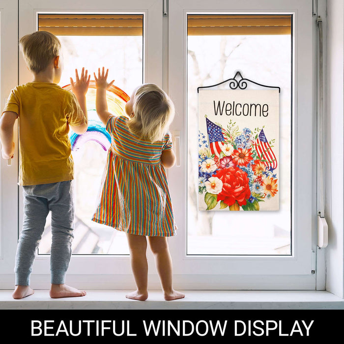 G128 Combo Pack Garden Flag Hanger 14IN & Garden Flag Welcome  Flowers Printed 12x18IN Double Sided Yard Garden Lawn Decoration