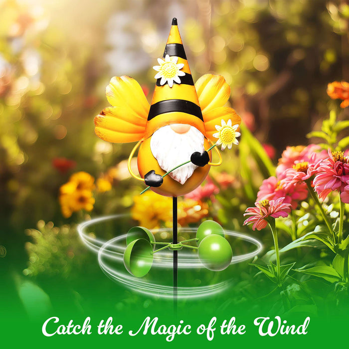 G128 Gnome Bee Metal Yard Wind Spinner Stake | Outdoor 48 inch Gnome Statue Decorations 360 Degrees Swivel Wind Spinner for Patio Garden Backyard