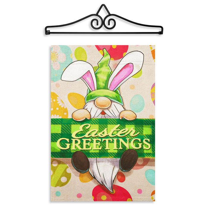 G128 Combo Pack Garden Flag Hanger 14IN & Garden Flag Happy Easter Gnome Greetings Printed 12x18IN Double Sided