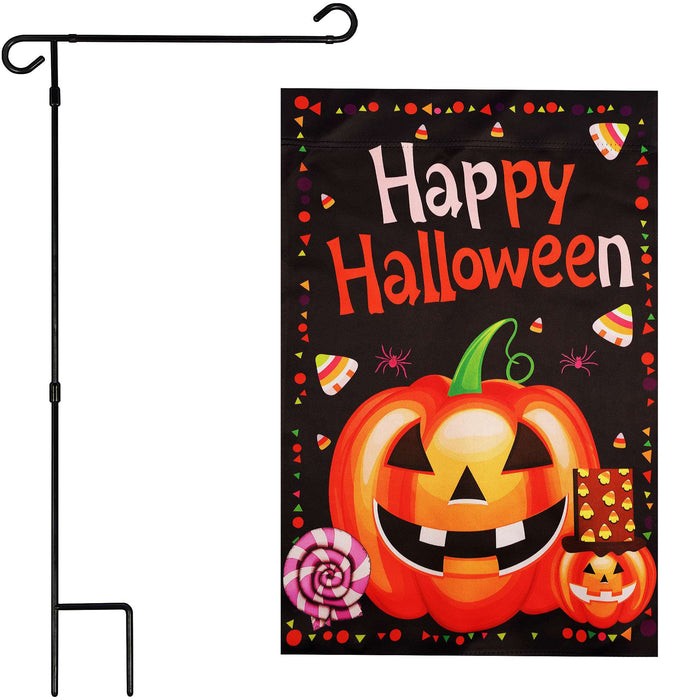G128 36x16IN Garden Flag Stand & 12x18 Happy Halloween Pumpkin Flag Kit
