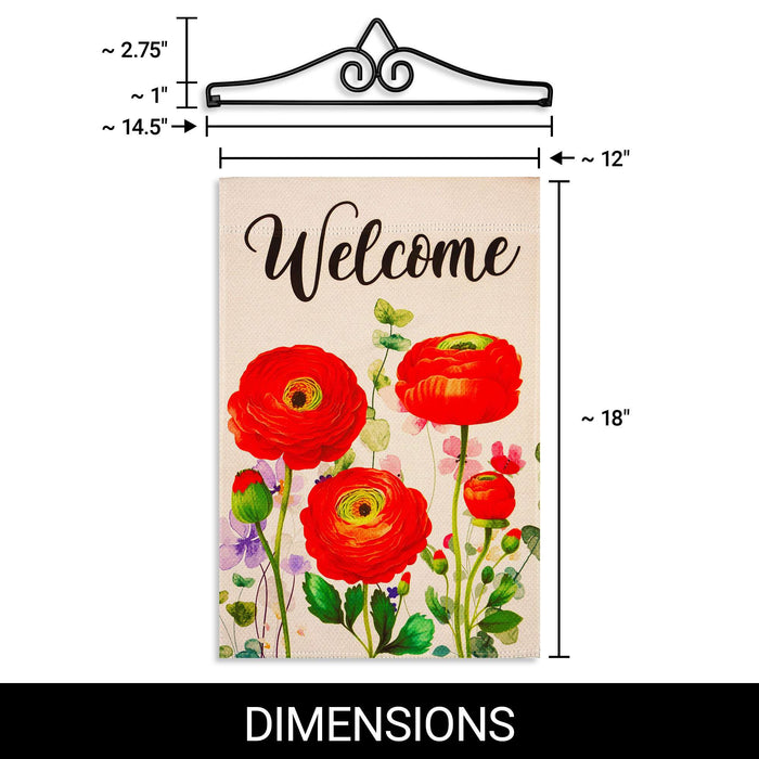 G128 Combo Pack Garden Flag Hanger 14IN & Garden Flag Spring Welcome Red Orange Flowers Printed 12x18IN Double Sided Yard Garden Lawn Decoration
