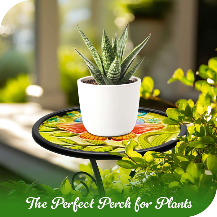 G128 12 in Round Glass Outdoor Side Table Butterfly Pattern | Decorative Plant Stand, Small End Table for Garden Patio Porch Living Room