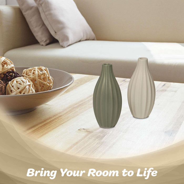 G128 2 Pcs 7.75 In Tall Modern Ceramic Vase Set Decorative Ribbed Vases Olive Green and Cream Elegant Home Decoration for Living Room Bedroom Office or Bathroom