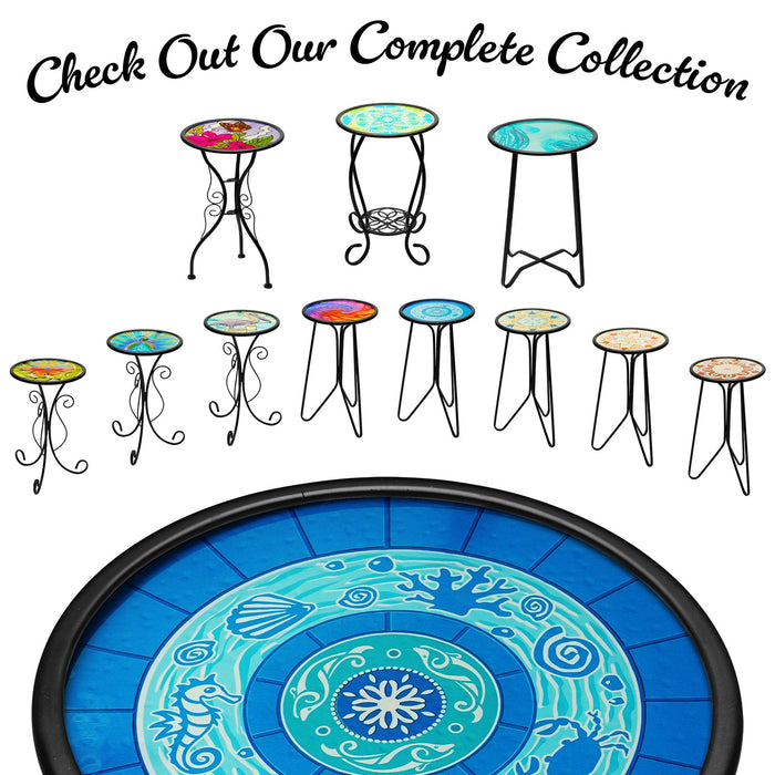 G128 12 in Round Glass Outdoor Side Table Ocean Pattern | Decorative Plant Stand, Small End Table for Garden Patio Porch Living Room