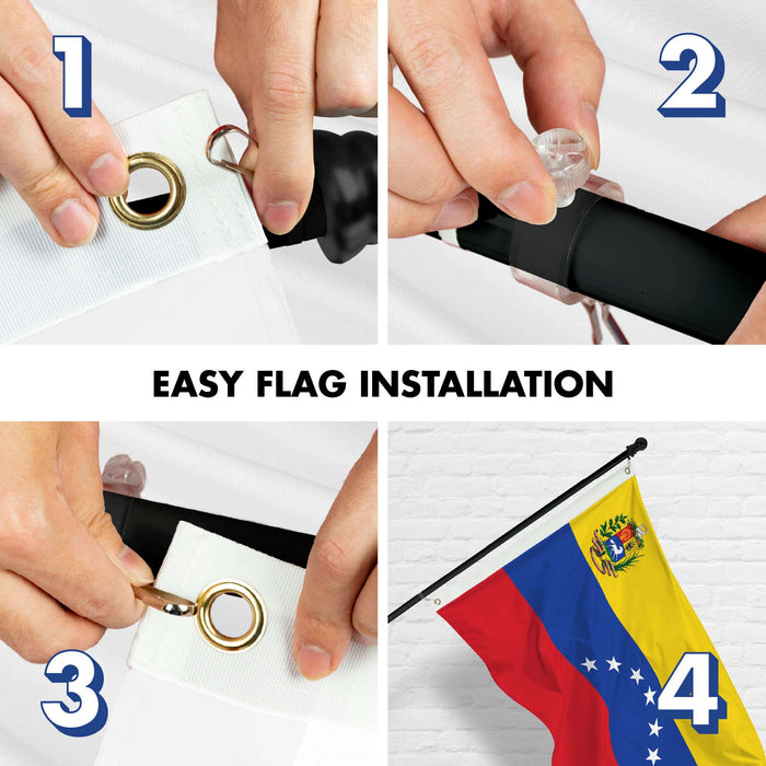 G128 Combo Pack: 6 Ft Twist Free Aluminum Spinning Flagpole (Black) & Venezuela 7 Stars Flag | 3x5 Ft | LiteWeave Pro Series Printed 150D Polyester | Pole with Flag Included