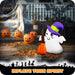 G128 3.5FT inflatable Halloween ghost in a witch hat holding a broom, glowing on a front porch