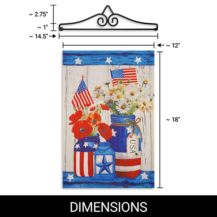 G128 Combo Pack Garden Flag Hanger 14IN & Garden Flag Rustic Mason Jar Patriotic Flowers Printed 12x18IN Double Sided Yard Garden Lawn Decoration