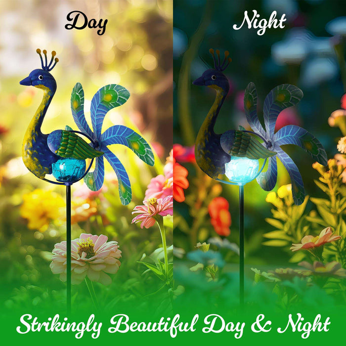 G128 Solar Peacock Metal Yard Wind Spinner Stake | Outdoor 38 inch Peacock Statue with LED Lights Decorations Swivel Wind Spinner for Patio Garden Backyard