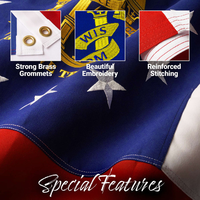 G128 Georgia State Flag | 3x5 Ft | StormFlyer Series Embroidered 220GSM Spun Polyester | Embroidered Design, Indoor/Outdoor, Brass Grommets, Heavy Duty, All Weather