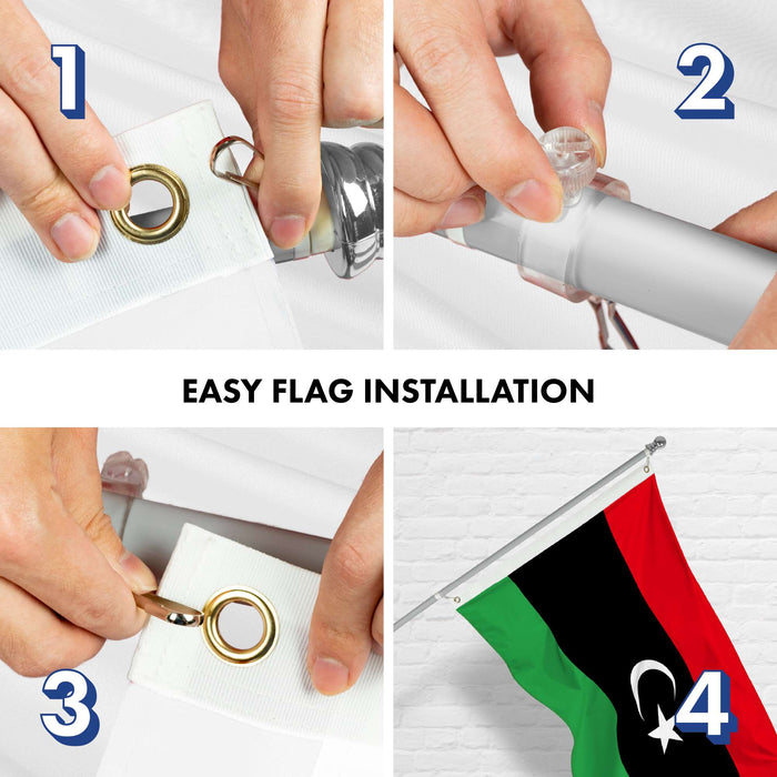 G128 Combo Pack: 6 Ft Twist Free Aluminum Spinning Flagpole (Silver) & Libya Flag | 3x5 Ft | LiteWeave Pro Series Printed 150D Polyester | Pole with Flag Included