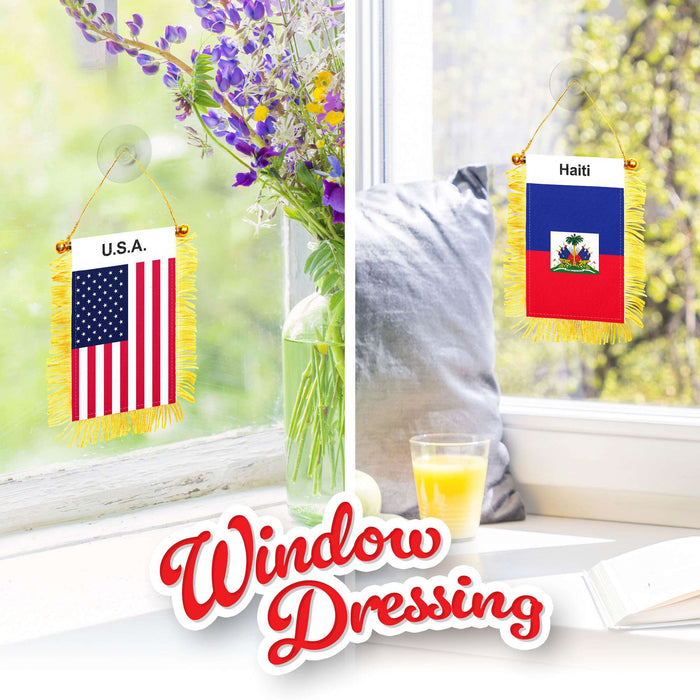 G128 Combo Pack: American USA & Haiti Haitian Fringy Flag Double Sided 3x5 In | Both Fringy Hanging Flag with Suction Cup