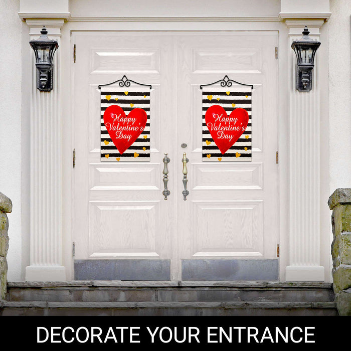 G128 Combo Pack Garden Flag Hanger 14IN & Garden Flag Happy Valentine's Day Striped Heart Printed 12x18IN Double Sided