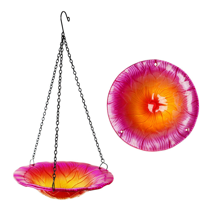 G128 Hanging Glass Bird Bath Outdoor Bird Feeder 8-inch for Garden Decoration Pink Flower Design