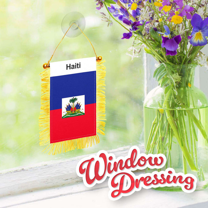 G128 Haiti Haitian Fringy Flag | Fringy Hanging Double Sided Flag with Suction Cup, Window and Car Rearview Mirror Decor