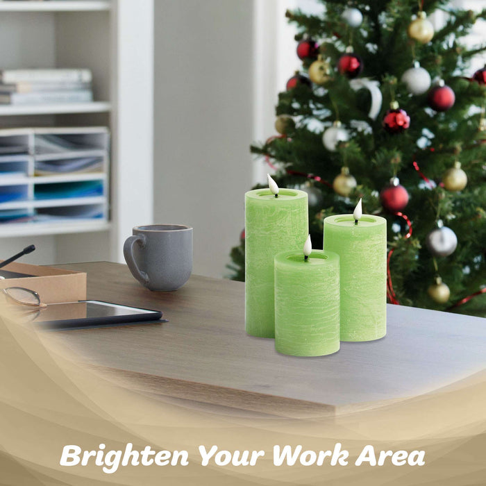G128 set of three green flameless LED pillar candles in 6, 5, and 4 inch heights