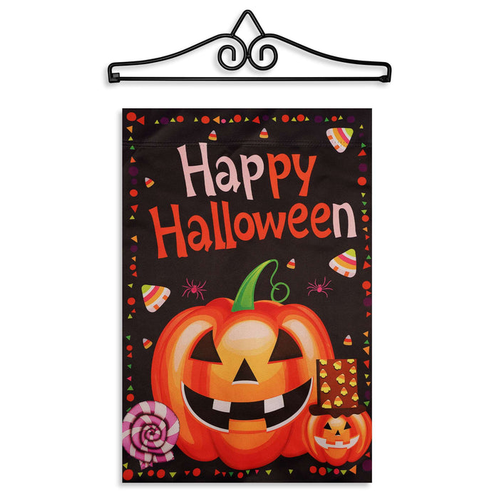 G128 12x18IN Happy Halloween Pumpkin Candy Garden Flag with 14IN Hanger