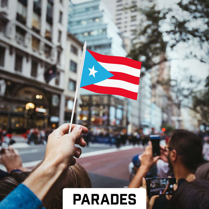 G128 Puerto Rico Light Blue Handheld Stick Flag 4"x6" (12 Pack) | Printed 150D Polyester, Solid Plastic Stick, Spear White Tip