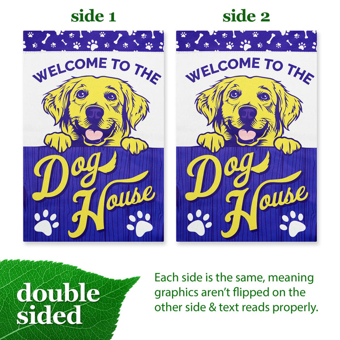 G128 Welcome to the Dog House Yellow Labrador Garden Flag 12x18 In Double Sided Blockout Fabric Yard Garden Lawn Decoration