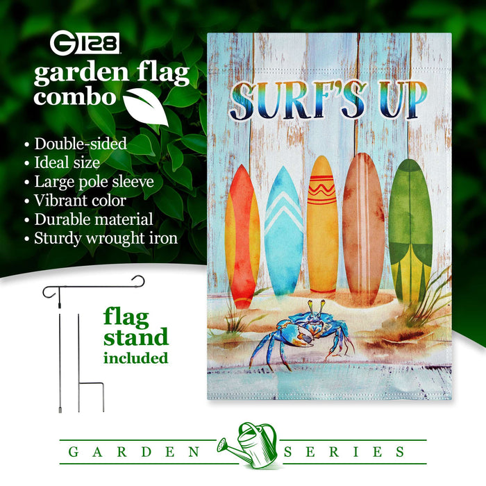 G128 36x16IN Garden Flag Stand & 12x18 Surfs Up Surfboard Flag Kit