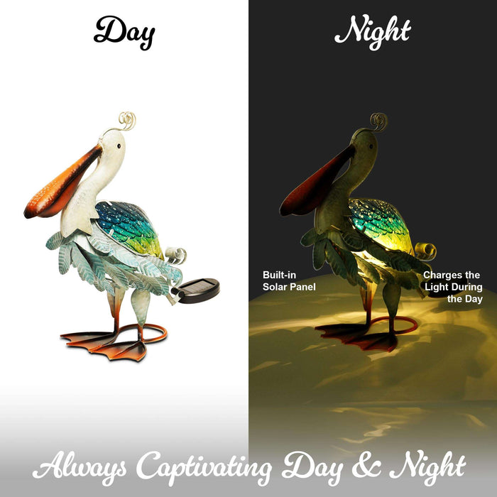 G128 Solar Metal Pelican Garden Statue | 17 Inch Coastal Ocean Bird Yard Art with Colorful Wings and Solar-Powered Light for Lawn, Patio, and Backyard