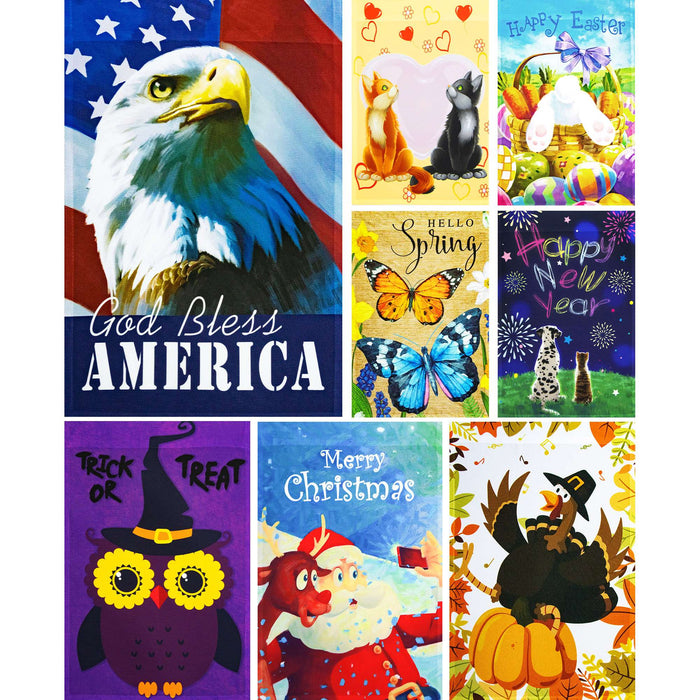 G128 set of 8 patriotic and holiday animals garden flags, 12x18 inch