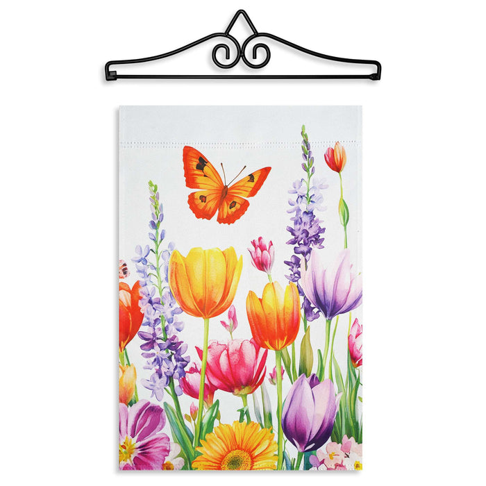 G128 12x18IN Spring Tulip Butterfly Floral Garden Flag with 14IN Hanger