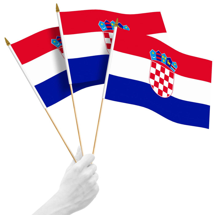 G128 10 Pack Handheld Croatia Croatian Stick Flags | 12x18 In | Printed 150D Polyester, Country Flag, Solid Plastic Stick, Spear White Tip