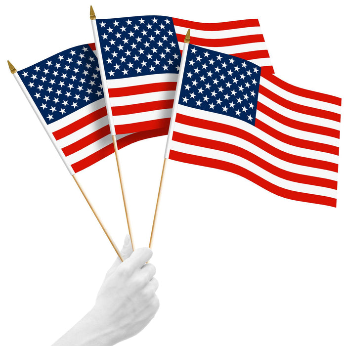 G128 10 Pack Handheld USA US Stick Flags | 12x18 In | Printed 150D Polyester, Country Flag, Solid Plastic Stick, Spear White Tip
