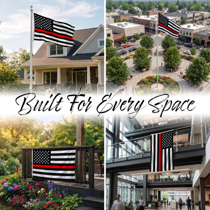 G128 - Thin Red Line Flag Embroidered 2x3 FT Heavy Duty 220GSM Tough Spun Polyester U.S. American Flag Brass Grommets Honoring Fire Fighters and EMTs Black White and Red US Flag