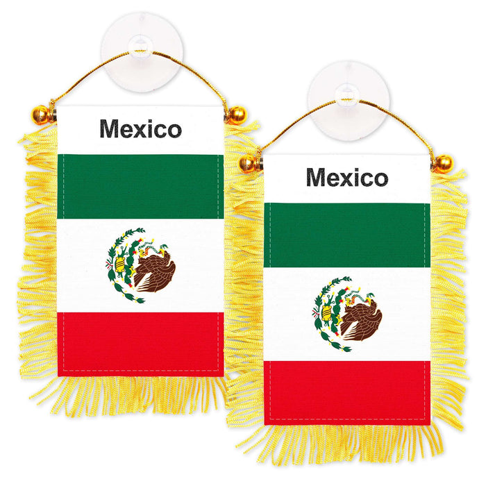 G128 2 Pack: Mexico Mexican Fringy Flag | 3x5IN | Fringy Hanging Double Sided Flag with Suction Cup, Window and Car Rearview Mirror Decor