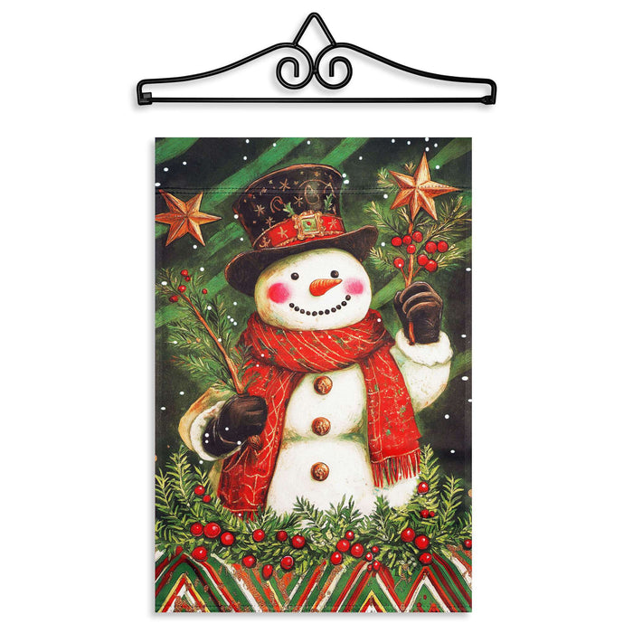 G128 12x18IN Christmas Red Scarf Snowman Holly Garden Flag with 14IN Hanger