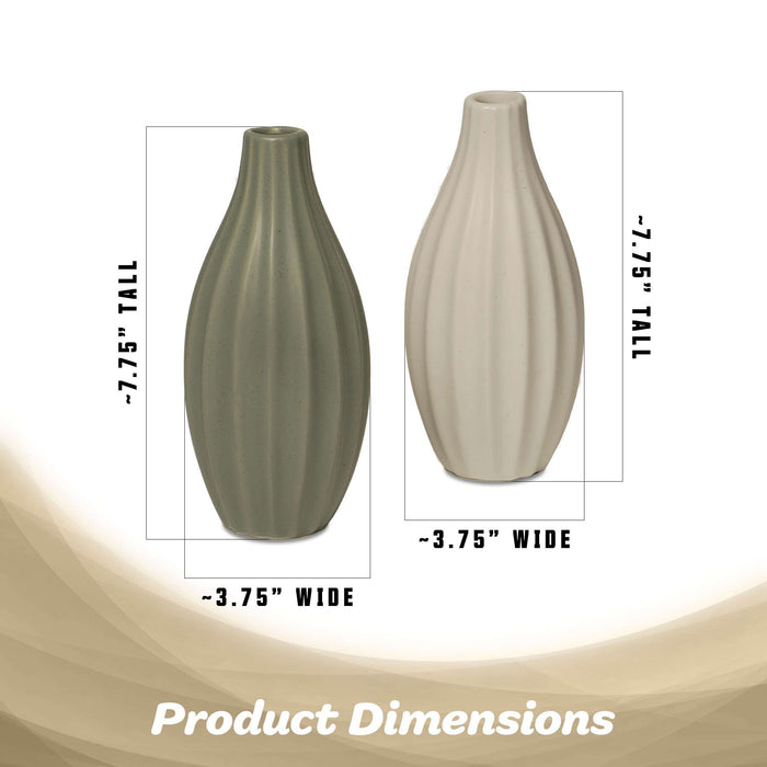 G128 2 Pcs 7.75 In Tall Modern Ceramic Vase Set Decorative Ribbed Vases Olive Green and Cream Elegant Home Decoration for Living Room Bedroom Office or Bathroom
