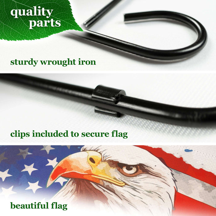 G128 Combo Pack Garden Flag Stand Black 36x16IN & Garden Flag Patriotic Bald Eagle Printed 12x18IN Double Sided Yard Garden Lawn Decoration