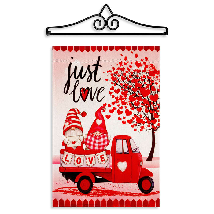 G128 Combo Pack Garden Flag Hanger 14IN & Garden Flag Valentine's Day Just Love Gnome Truck Printed 12x18IN Double Sided Yard Garden Lawn Decoration