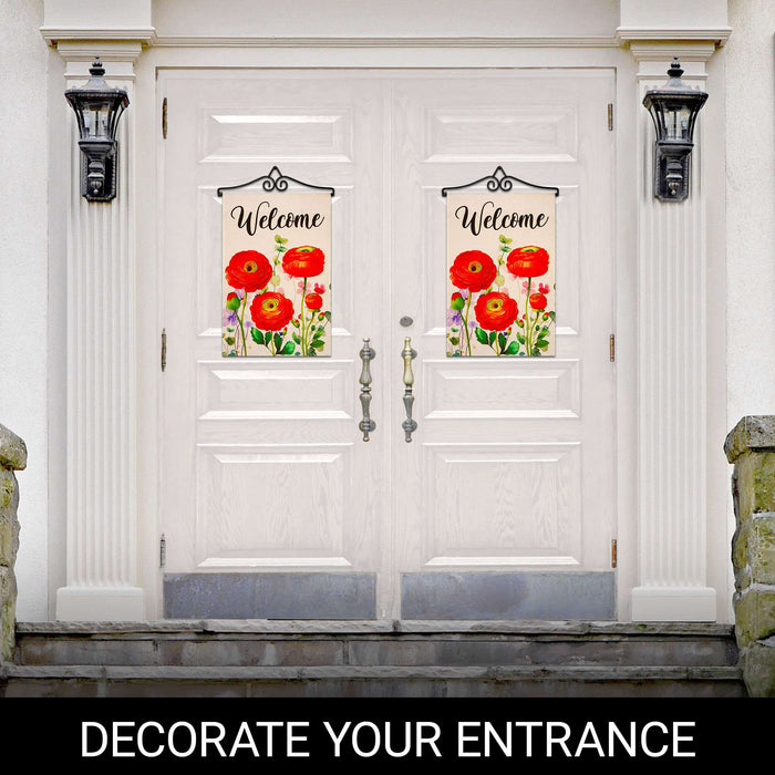 G128 Combo Pack Garden Flag Hanger 14IN & Garden Flag Spring Welcome Red Orange Flowers Printed 12x18IN Double Sided Yard Garden Lawn Decoration