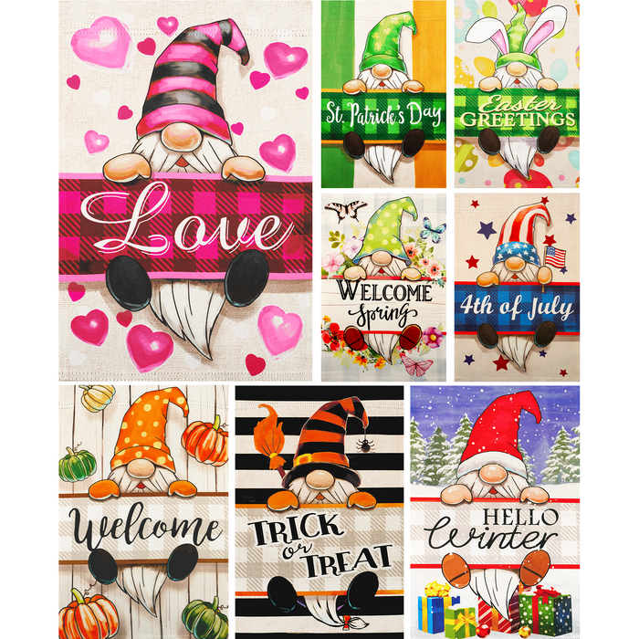 G128 set of 8 gnomes with easter bunny and winter garden flags, 12x18 inch