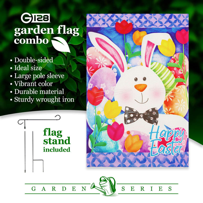 G128 Combo Pack Garden Flag Stand Black 36x16IN & Garden Flag Happy Easter Bunny Tulips Printed 12x18IN Double Sided Yard Garden Lawn Decoration