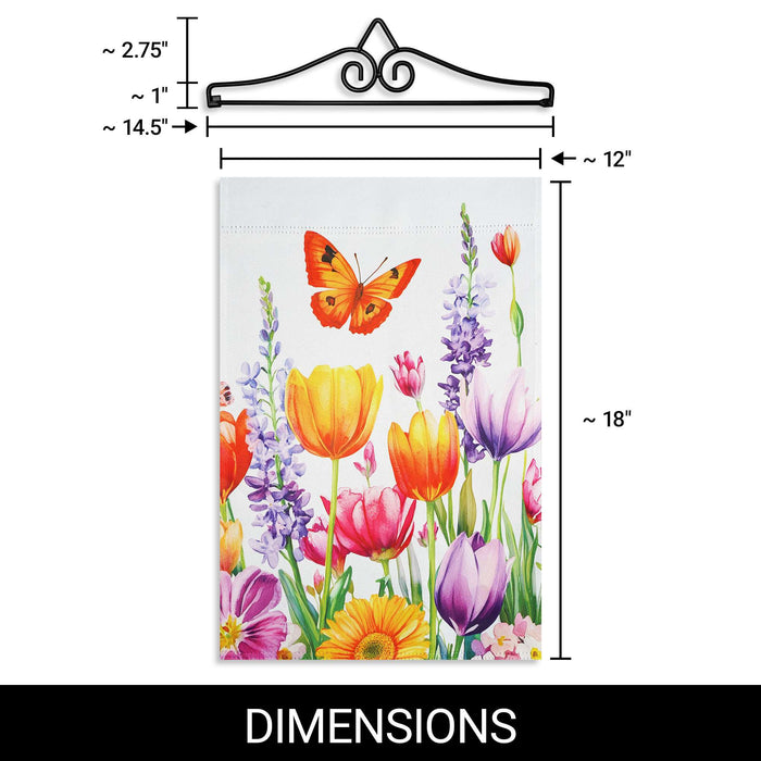 G128 12x18IN Spring Tulip Butterfly Floral Garden Flag with 14IN Hanger
