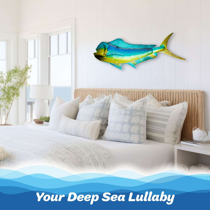 G128 36 IN Green Mahi-mahi Metal Wall Art Decor | Tropical Ocean Theme Indoor Outdoor Wall Art Hanging Decor for Bedroom, Living Room, Garden, Patio
