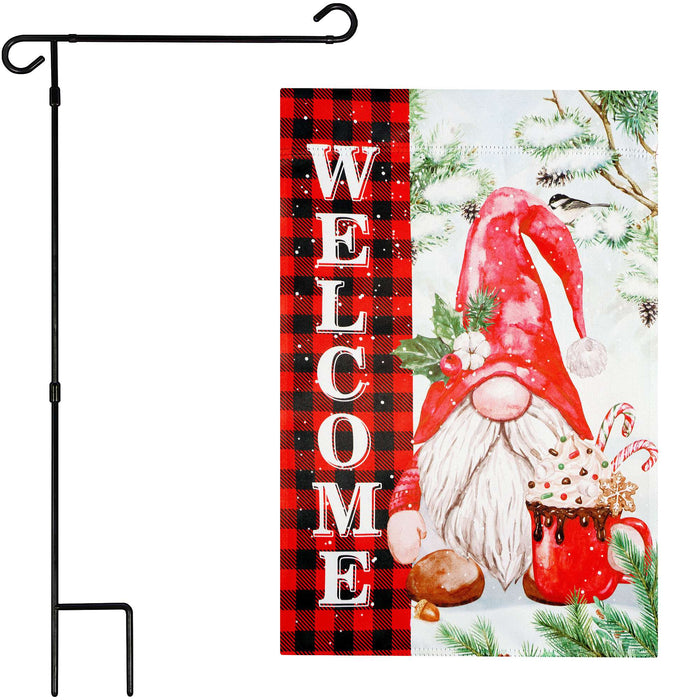 G128 36x16IN Garden Flag Stand & 12x18 Welcome Christmas Gnome Flag Kit