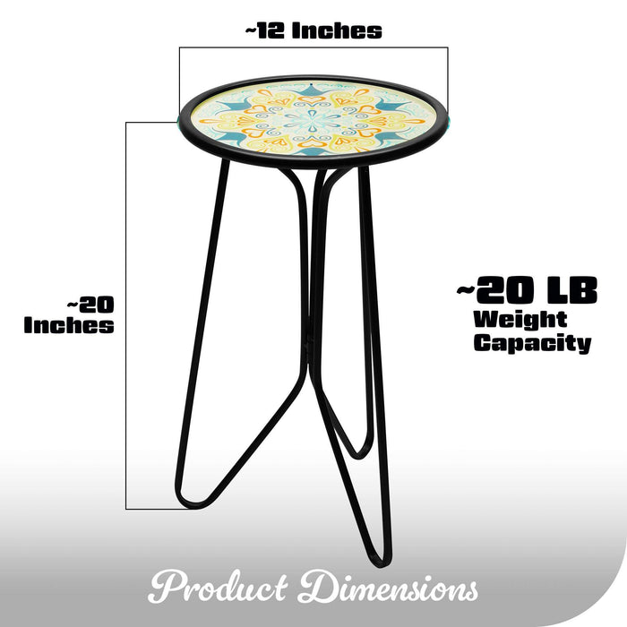 G128 12 in Round Glass Outdoor Side Table Green Mandala Pattern | Decorative Plant Stand, Small End Table for Garden Patio Porch Living Room