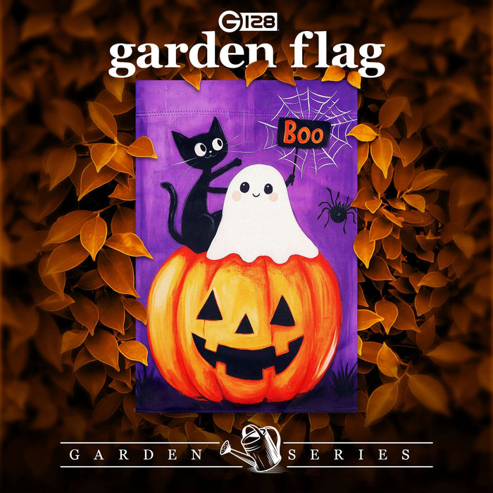 G128 Halloween Ghost Cat Pumpkin Garden Flag 12x18 In Double Sided Halloween Yard Garden Lawn Decoration