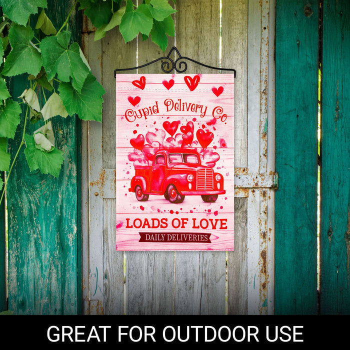G128 Combo Pack Garden Flag Hanger 14IN & Garden Flag Valentine's Day Cupid Delivery Truck Printed 12x18IN Double Sided Yard Garden Lawn Decoration