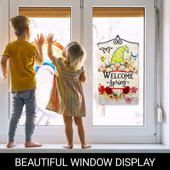 G128 Combo Pack Garden Flag Hanger 14IN & Garden Flag Welcome Spring Gnome Flowers Printed 12x18IN Double Sided