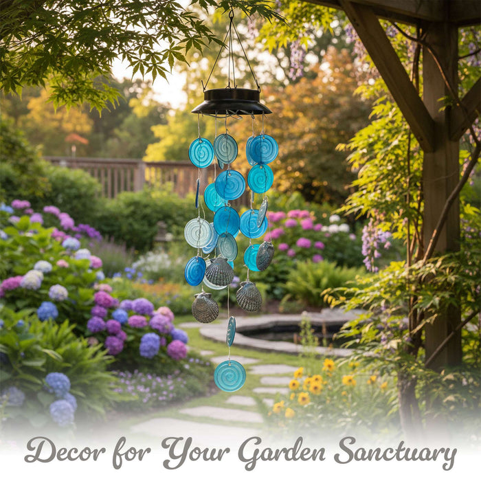 G128 Solar Wind Chime Sea Shell for Outside with Lights | Coastal Ocean Theme Windchimes Outdoors for Home Garden Patio Decor Unique Birthday Gifts